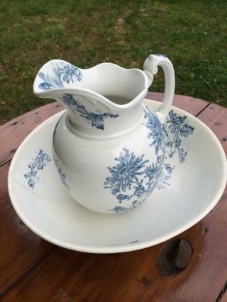 Vintage Maddocks Porcelain Pitcher & Wash Basin Bowl Set Blue & White Floral