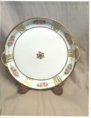 Antique Nippon Hand Painted Pink Rose Gold Trim Two Handled Plate