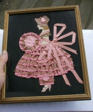Vintage Antique Victorian Lady Dress Hand Made Cloth Silhouette Lace Doll Framed