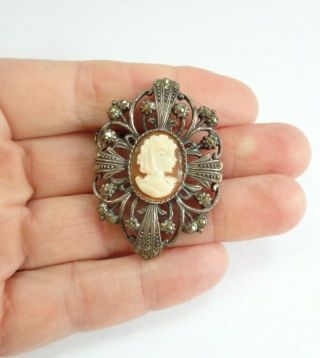 Vintage Antique Sterling Silver 925 Marcasite Cameo Brooch Pin Pendant