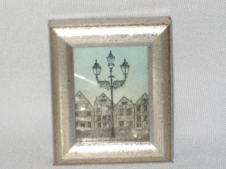 Very Small Framed Print Lamp Post 3 1/8 X 2 1/2 X 1/2 Antiqued Silver On Wood
