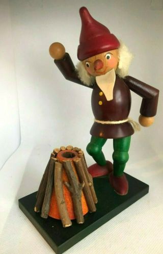 Vintage Rare Erzgebirge German Wood Smoker/ Incense Burner Elf & Fire Pit 8 "