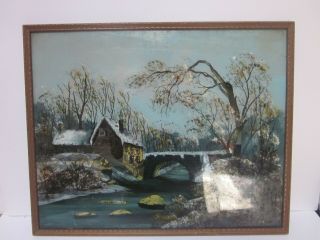 Antique Reverse Painting On Glass The Old Grist Mill Winter Scene