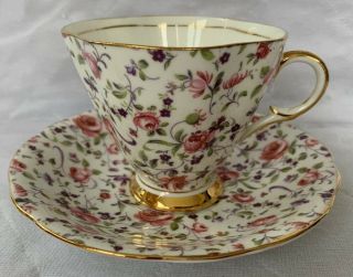Clarence Teacup Saucer Pink Purple Floral With Gold Gilt Bone China England