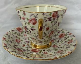 CLARENCE TEACUP SAUCER PINK PURPLE FLORAL with GOLD GILT BONE CHINA ENGLAND 2