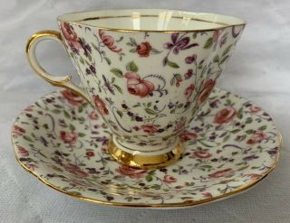 CLARENCE TEACUP SAUCER PINK PURPLE FLORAL with GOLD GILT BONE CHINA ENGLAND 3