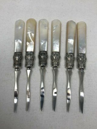 Antique Mother Of Pearl Handle Silver Plate Set Of 6 Nut Picks