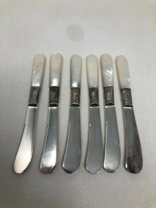 Antique Mother Of Pearl Handle Silver Plate Set Of 6 Butter Knives