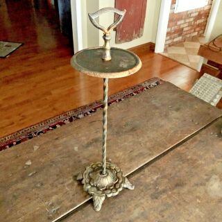 Antique Brass Accent Table Ornate Round Pebbled Surface Handle Display Holder