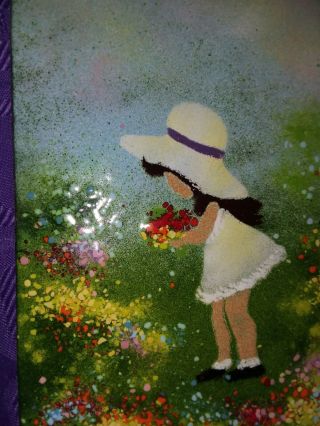 Vintage Enamel On Copper Painting.  Little Girl Picking Flowers 7 " Tall X 5 " Wide