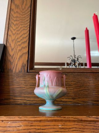 Antique Roseville Pottery White Iris Vase Urn Blue Small 4 "