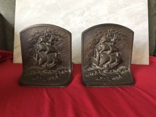 Antique Pair Ship Bookends Very Heavy