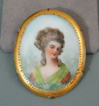 Antique Victorian Hand Painted Porcelain Cameo Gilt Brass Brooch Pin