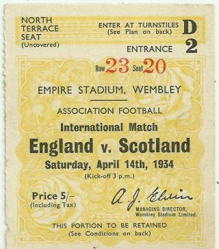 Ultra - Rare Pre - Ww2 War Football Ticket England V Scotland Wembley 1934