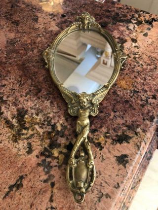 Antique French Art Nouveau Bronze Hand Mirror With Cherub