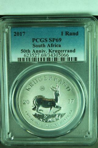 Rare 2017 South Africa 50th Ann.  1 Rand 1 Oz.  999 Fine Silver Pcgs Cert Sp - 69