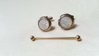 Vintage Gold Tone & Mother Of Pearl Inset Cuff Links & Tie Collar Bar Pin - Fs