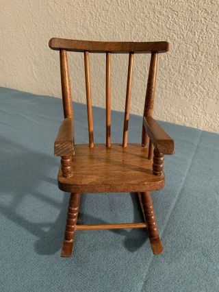 Vintage Miniature Hard Crafted Wood Doll Rocking Chair 8” Tall