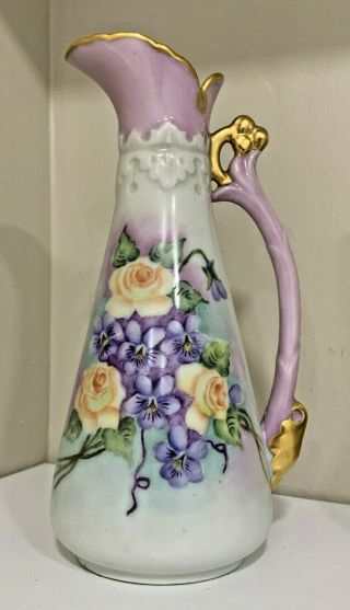 Antique Vase Pitcher Gold Trim Roses Signed Martha S.  Marshall 7.  25 " Tall