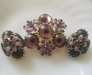 Vintage Or Antique Rhinestone,  Enamel And Cabachons Pin Brooch Clip Earrings Set