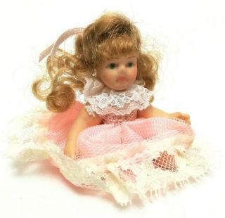 Hand Made Ceramic Miniature Doll,  Wearing A White Pink Dress