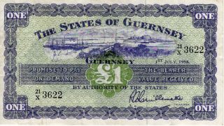 Guernsey 1 Pound Dated 1958 Rare Date Signed Guillemette P43b About Vf To Vf