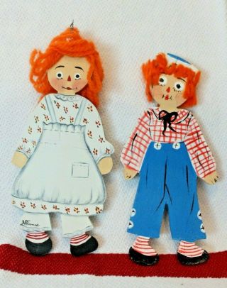 Vintage 1968 Folk Art Raggedy Ann And Andy Wood Handpainted Ornaments