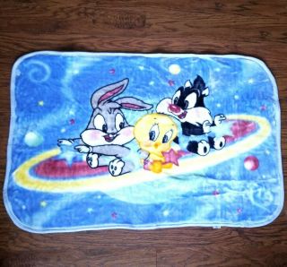 Vtg Baby Looney Tunes Bugs Sylvester Tweety Plush Blanket Throw Blue Space Rare