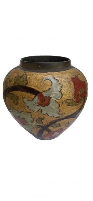 Vintage Enamel Antique Floral Vase With Flowers,  Brass/bronze