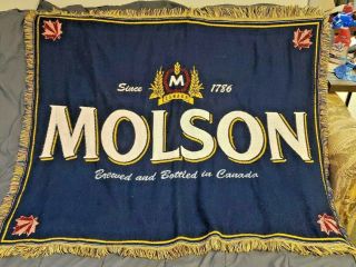 Vintage Molson Canada Beer Tapestry Throw Blanket Blue 50 " X 60 " Fringe Rare