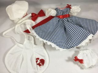 Vintage Blue Check Dress fits Jill,  Rooster Apron,  Hat,  Bow,  Panties (No Doll) 2