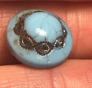 Very Old Blue Gold Tone Dome Glass Victorian Antique Vintage Button 6749