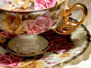 Vtg Royal Sealy Japan Lusterware Embossed Gilt Footed Tea Cup Reticulated Saucer