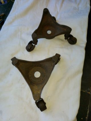 2 Antique Vintage Cast Iron Swivel Casters 3 Wheeled Stove / Piano Movers
