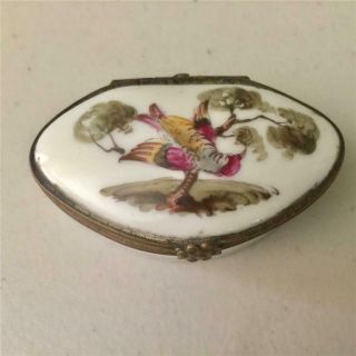 Very Vintage Small Trinket Or Vanity Box - Hand Painted Bir And Tree