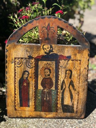 Vintage Religious Hand Painted Wood Icon Jesus Christ - Rare