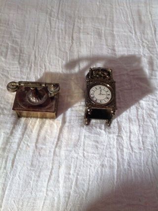 Vintage Dollhouse Miniature Metal Clock And Telephone Made In England