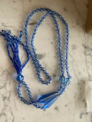 Antique Art Deco Cut Blue Glass Bead Necklace,  Flapper Style