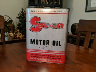 Vtg Rare Sav - On Motor Oil 2 Gallon Can 100 Pure Sav - On - Drugs Advertising