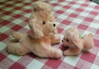 Rare Vintage Amico Pink Plush Poodle & Puppy.  Pull String Musical Japan