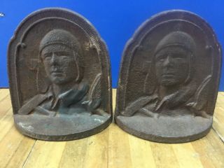 Antique 1929 Bronze Charles Lindbergh “the Aviator” Bookends -