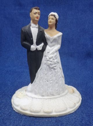 Vintage Wedding Cake Topper Brunette Bride & Groom Chalkware Aca 1950