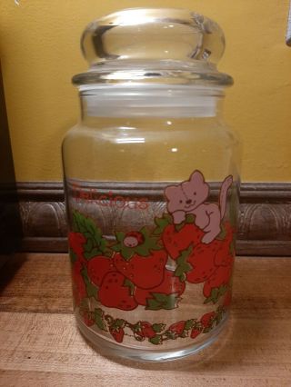 Vtg 80’s Strawberry Shortcake Fresh Glass Canister / Candy Jar With Lid