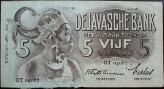 5 Gulden Banknote From Netherlands Indies/javasche Bank 1939 Rare