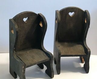 2 Vintage Dollhouse Furniture Mini Primitive Wood Chairs Farmhouse Country 1231