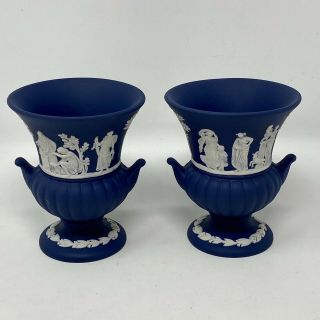 Pair (2) Rare Color Wedgwood Jasperware 1974 Navy Blue & White 3.  5 " Urn Vases