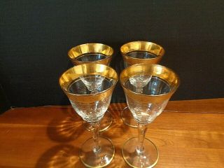 Set Of 4 Antique Crystal Wine Glasses With A Wide Gold Rim