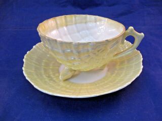 Unusual Vintage Three Footed Tea Cup And Saucer - Embossed Pattern