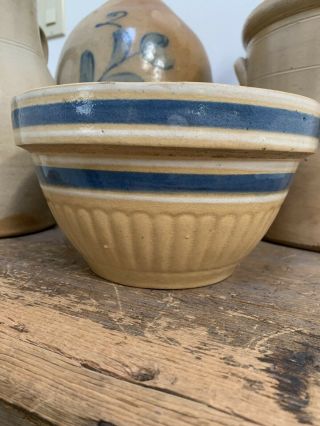 Antique Yellow Ware Bowl With Blue Stripes - 8 1/4”