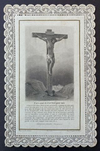 Antique Holy Card Vintage Canivet Lace Jesus Christ Cross Nails Blood